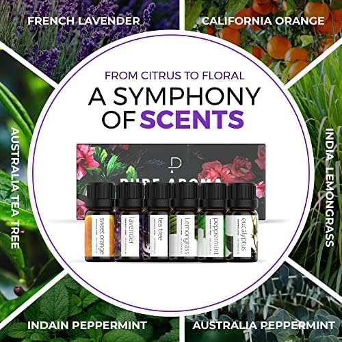 Essential Oils Set by Pure Aroma - Top 6 Aromatherapy Oils Gift Set-6 Pack, 10ml (Eucalyptus, Lavender, Lemongrass, Sweet Orange, Peppermint, Tea Tree)