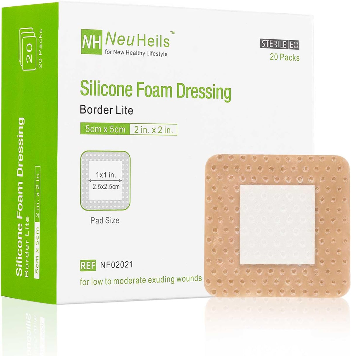 NeuHeils Silicone Foam Dressing Border Lite 2"x2", Pad 1"x1", 20 Pack
