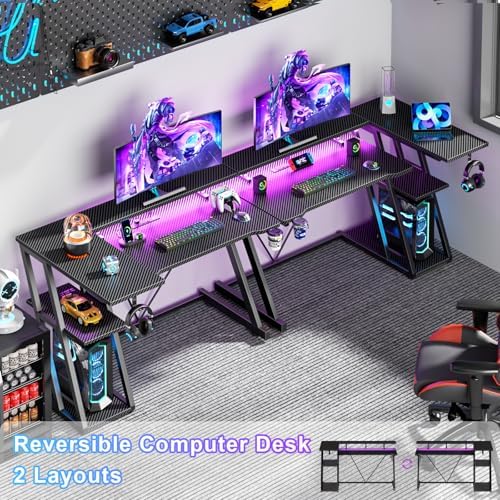 Korfile 40 Inch Gaming Desk with Power Outlet, LED, Carbon Fiber Black
