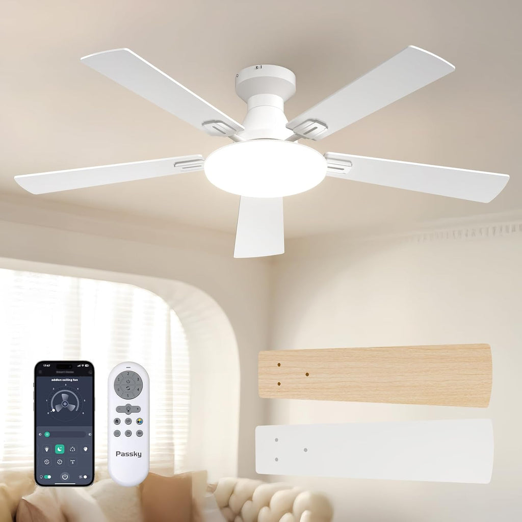Passky 52 Inch Black Low Profile Ceiling Fans with Lights and Remote