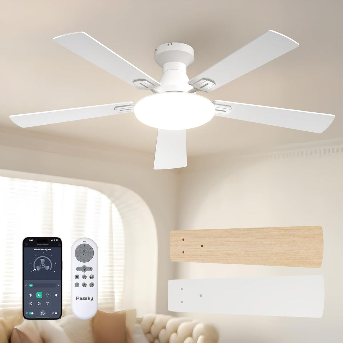 Passky 52 Inch Black Low Profile Ceiling Fans with Lights and Remote