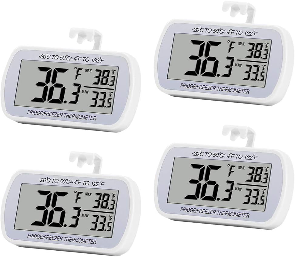 Refrigerator Thermometer Digital Fridge Freeze Room Thermometer Waterproof Large LCD Display Max/Min Record Function, White