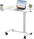 GTPLAYER Small Standing Desk with Wheels, Pneumatic Mobile Rolling Laptop Desk, Adjustable Height Overbed Bedside Table Computer Workstation for Home Office (28" W x 16" D, White)