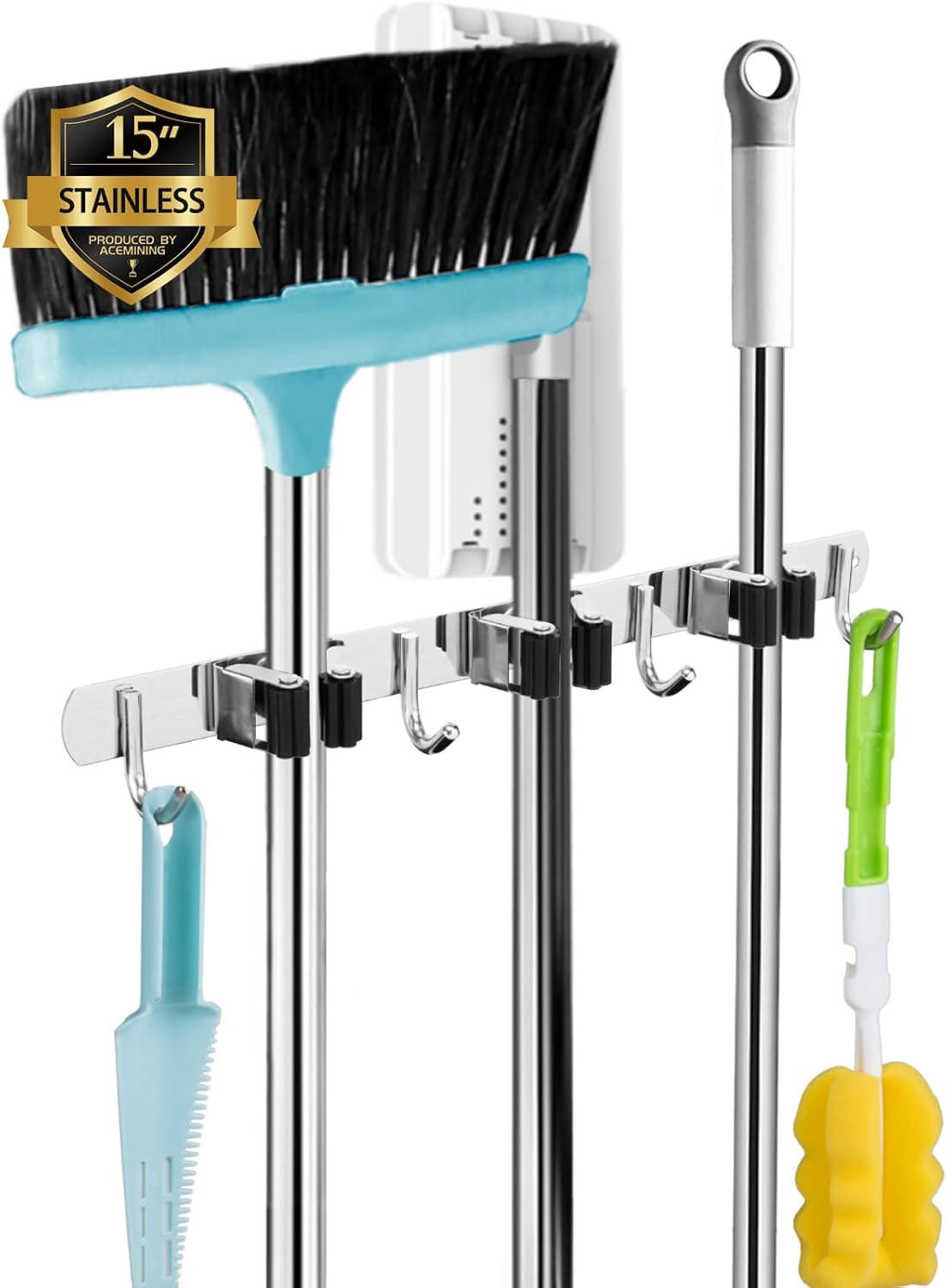 AceMining Broom Holder Wall Mount, 5 Racks 4 Hooks Heavy Duty Mop Organizer