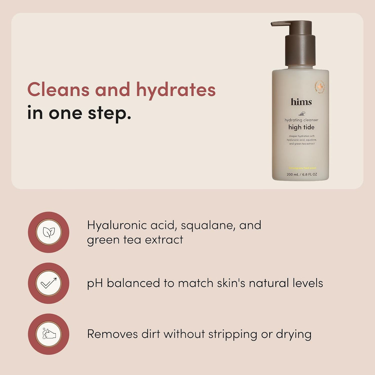 hims High Tide Hydrating Daily Cleanser, Hyaluronic Acid, 6.8 Fl Oz