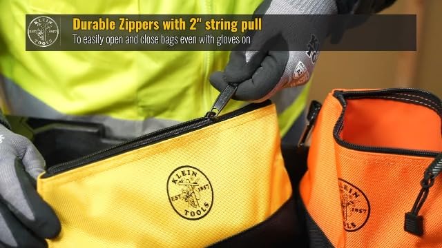Klein Tools 55569 Stand-Up Zipper Bag Tool Pouch with Carabiners, Reinforced Gusseted Bottoms, Water Resistant 1680d, Multi-Size 5-Pack