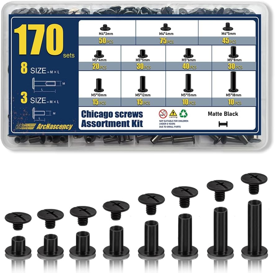 130 Sets Gunmetal Black Chicago Screws Leather Rivets Kit, 7 Sizes (M5*4,5,6,8,10,12,15) & 3 Screw Lengths (M4*3,4,5) for Belts, Bookbinding, DIY Leather