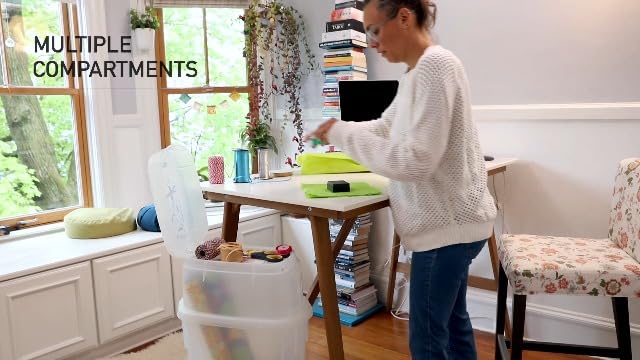 Rubbermaid Wrap N' Craft Plastic Wrapping Paper Organizer Storage Container with Top Ornament Storage Compartment for 20 Standard 30 Inch Rolls, Clear