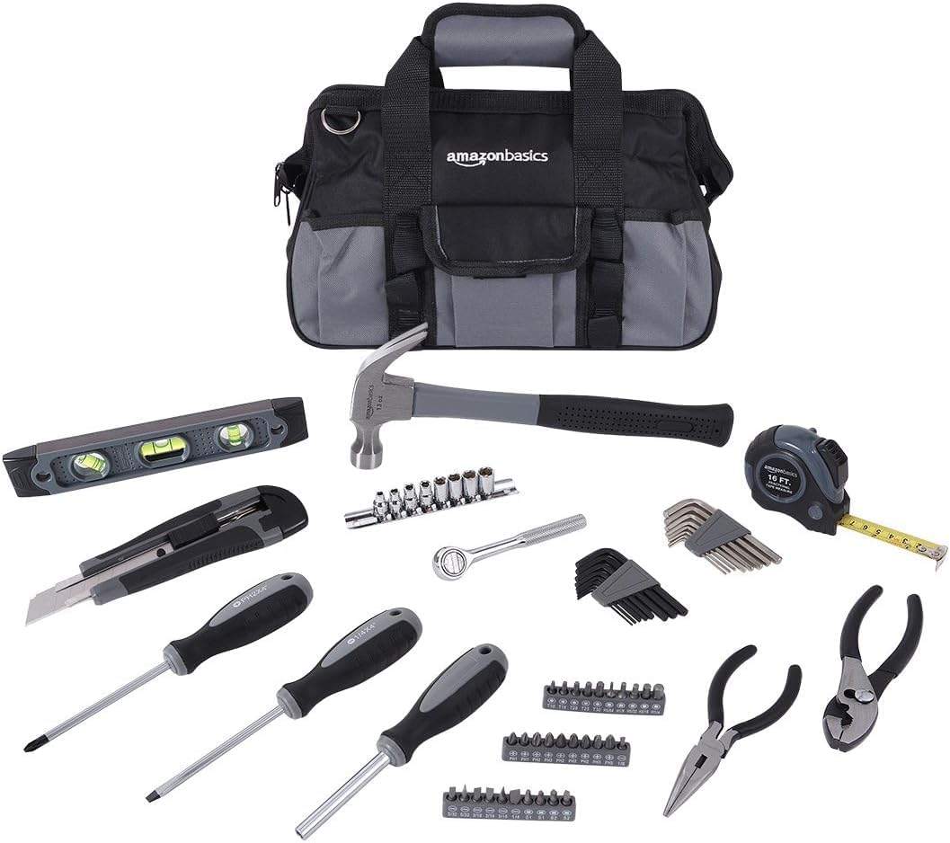 Amazon Basics 65 Piece Home Repair Tool Kit Set With Carrying Bag, Hand Tools, Socket Set, SAE and Metric, Silver, Black