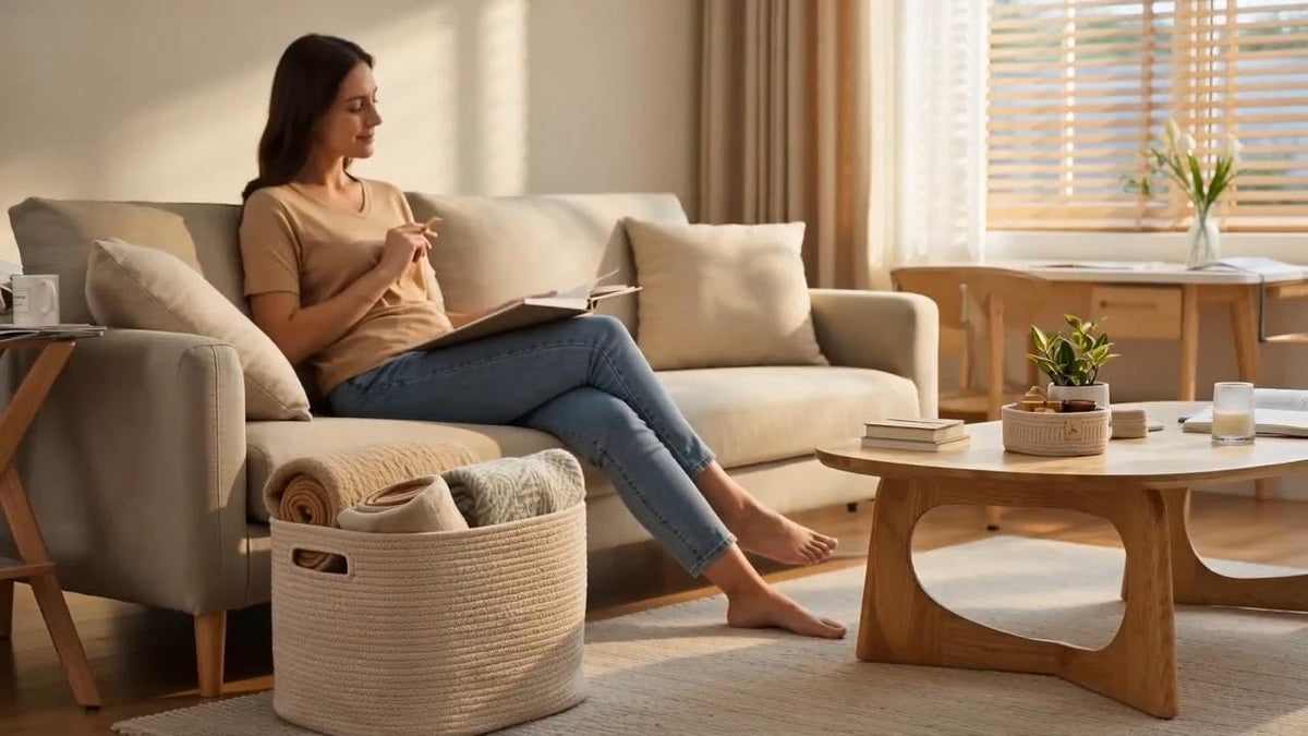JMvicyroam 65L Large Woven Cotton Rope Blanket Basket, Oatmeal