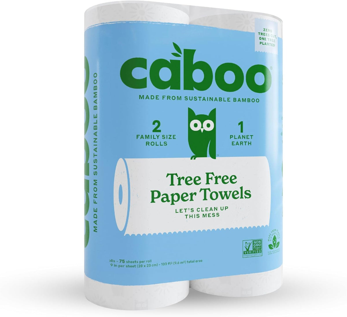 Caboo Tree Free Paper Towels, 2 Rolls, Tree Free, Plastic Free, Earth Friendly, Sustainable Kitchen Paper Towels with Strong 2 Ply Sheets