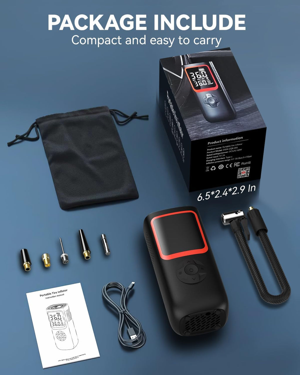 KOLTGOO 150PSI Tire Inflator, Portable Air Pump for Car Tires