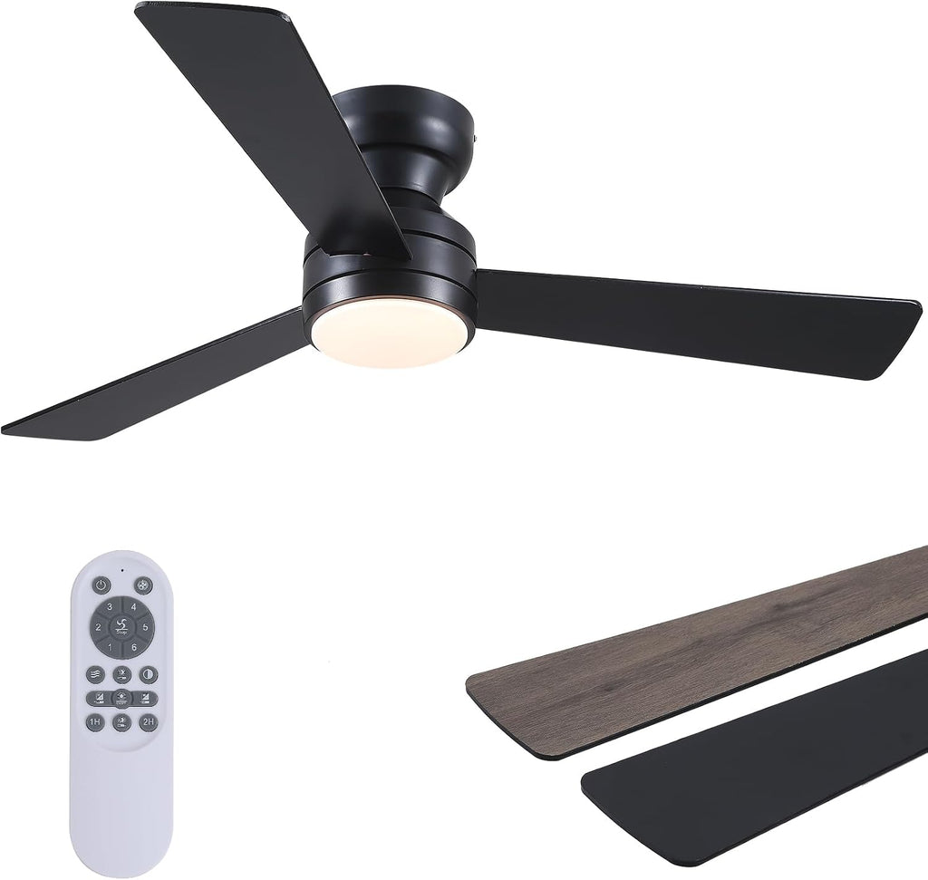Asyko 46"Black 6-Blade Modern Low Profile Ceiling Fan with Light and Remote