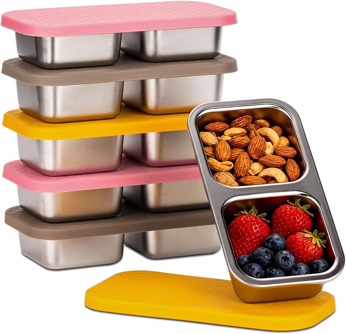 SUMERX 3 Pack Stainless Steel Snack Containers - 2 Compartment