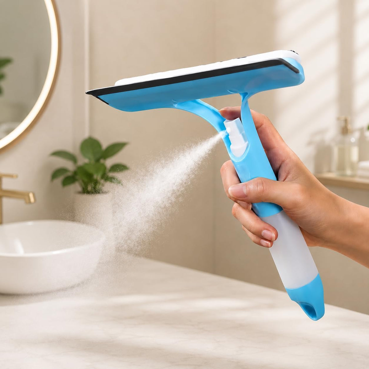 3-in-1 Window and Mirror Cleaner Tool, Bathroom Glass Scraper with Removable Washing Pad, Squeegee and Scrubber for Home Cleaning (Blue)