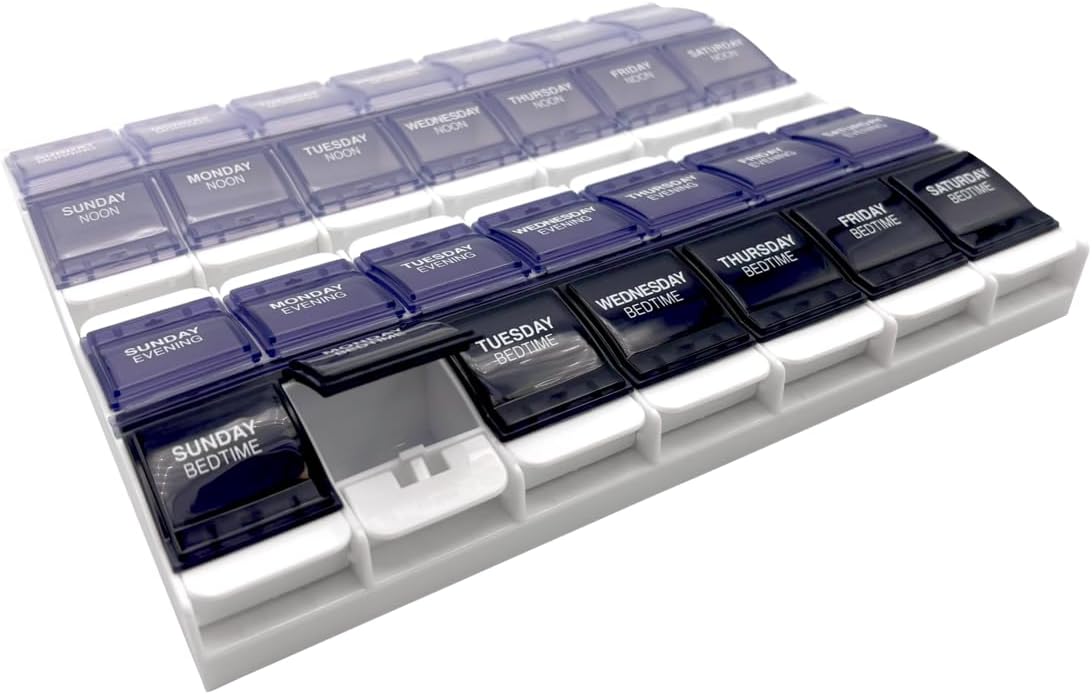 Ezy Dose Push Button Weekly 7-Day, 4X/Day Pill Organizer, Multi-Color, 2XL