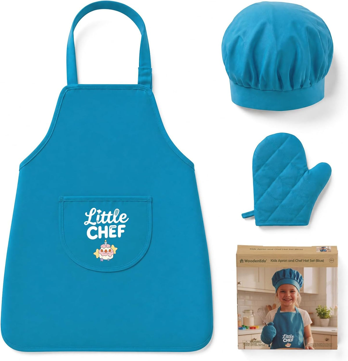 Kid Apron and Chef Hat Set, 3Pcs Children Cooking Baking Set Kits