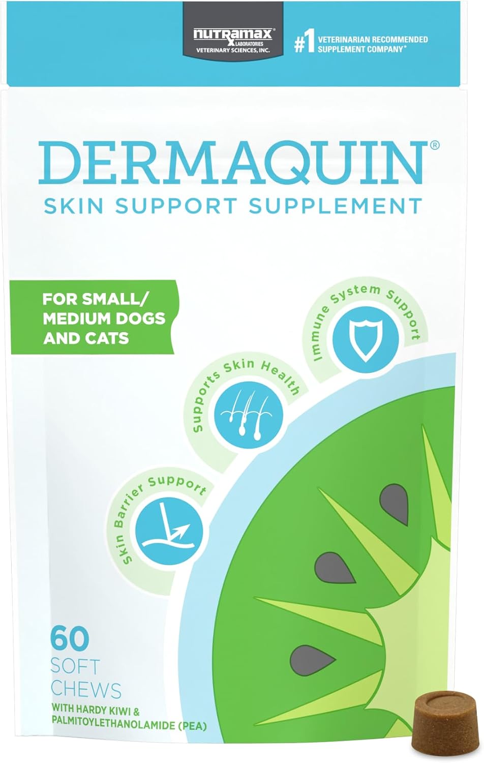 Nutramax Dermaquin Dog Supplement, Soft Chews, 60ct | Skin Health Support for Dogs with Itchy Skin, Supports a Healthy Response to Allergens, Hardy Kiwi, PEA, for Dogs Over 30 lbs