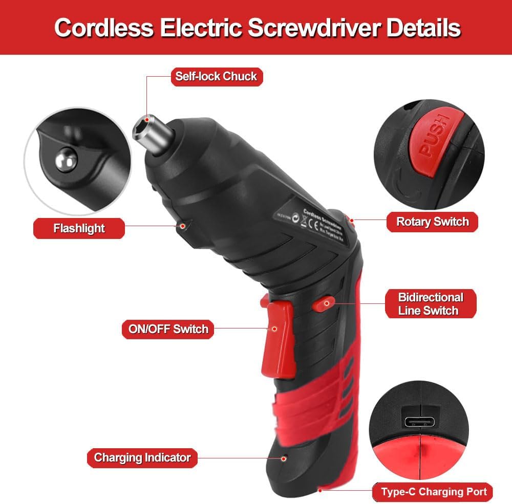 Cordless Power Screwdriver Electric Screwdriver Rechargeable Set, Battery Powered Screwdriver Kit Including 46pcs Bits, Pivoting Handle and LED Lights Small Drills Cordless (Red)