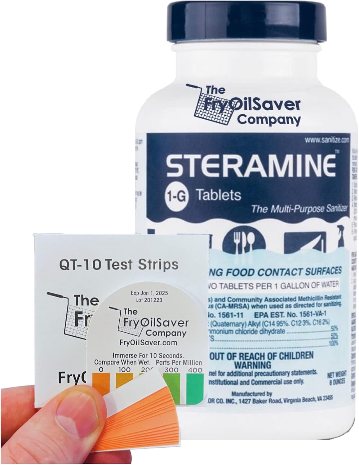 2 Bottles Steramine Sanitizer Tablets, 300 Count + 15x QT-10 Test Strips