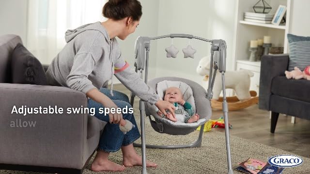 Graco Slim Spaces Compact Baby Swing, Space Saving Portable Bay Swing with Height Adjustable Legs & Soft Toys, Reign
