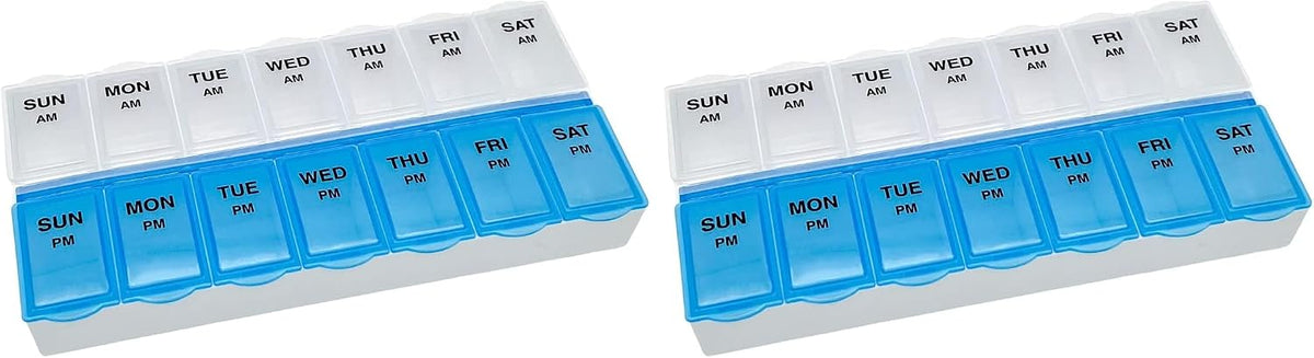 Amazon Basic Care 7-Day AM/PM Pill Organizer, Medication Planner with Large Compartments for Tablets, Blue and Clear Lids