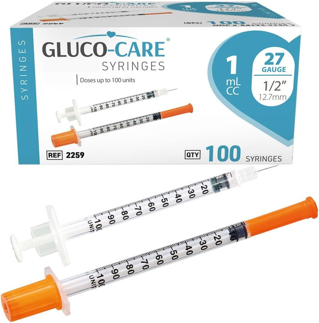 GLUCO-CARE 1 ml/cc Syringes 31G x 5/16’’ (8mm), Orange Cap, 100/box