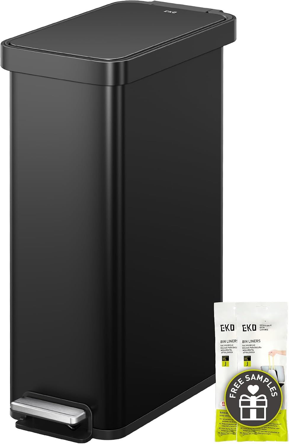 EKO Hudson Slim 50L / 13.2 Gallon Kitchen Trash Can with Lid, Stainless Steel Step Garbage Can for Kitchen or Home, Space-Saving Garbage Can with Soft Close Lid, Stay-Open, Liner Ring, Handle