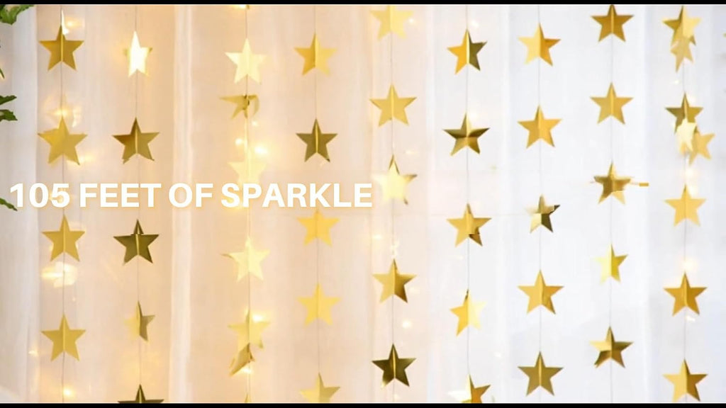 RAINFLOW 104 Ft Gold Star Garland - 8PCS Glitter Hanging Stars Banner Decor