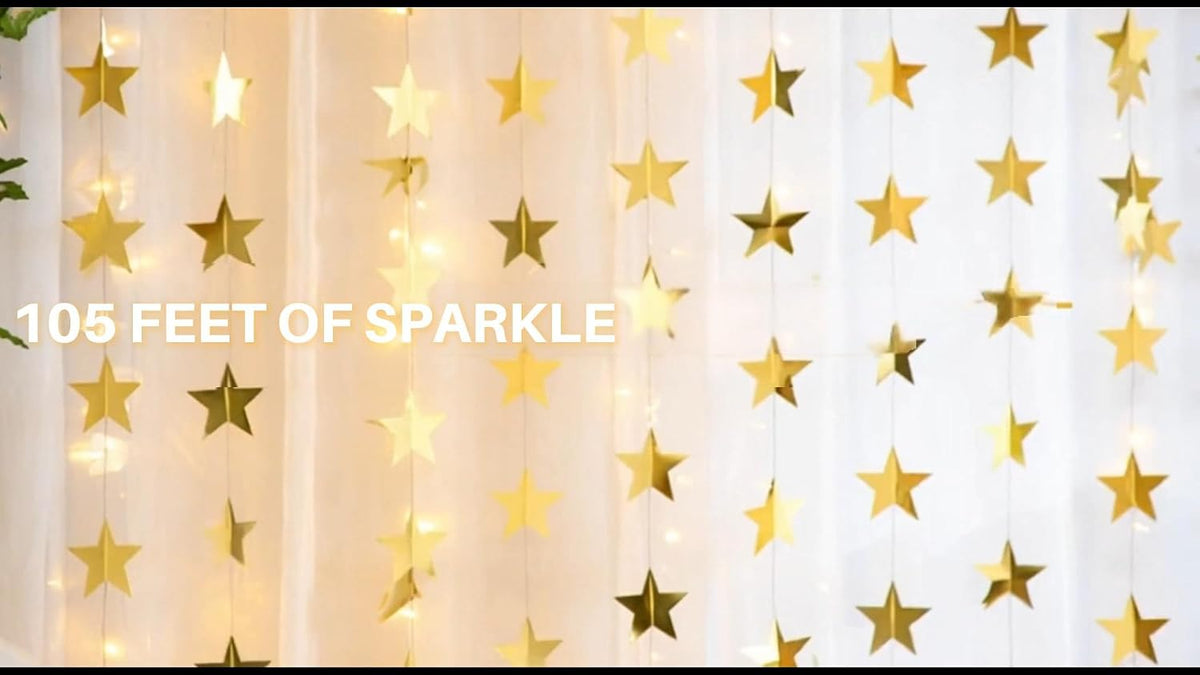 RAINFLOW 104 Ft Gold Star Garland - 8PCS Glitter Hanging Stars Banner Decor