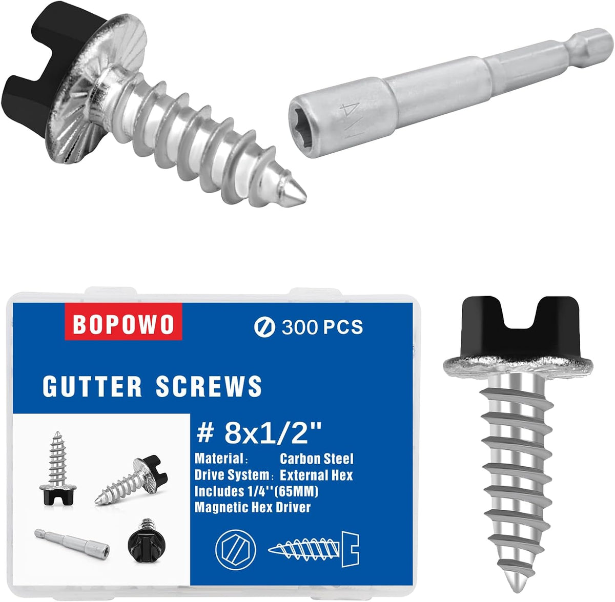 Self-Tapping Gutter Screws White Painted Slotted Hex Washer Head #8 x 1/2" Zinc Plated Finish, Includes 1/4" Magnetic Hex Driver - for Gutter Install