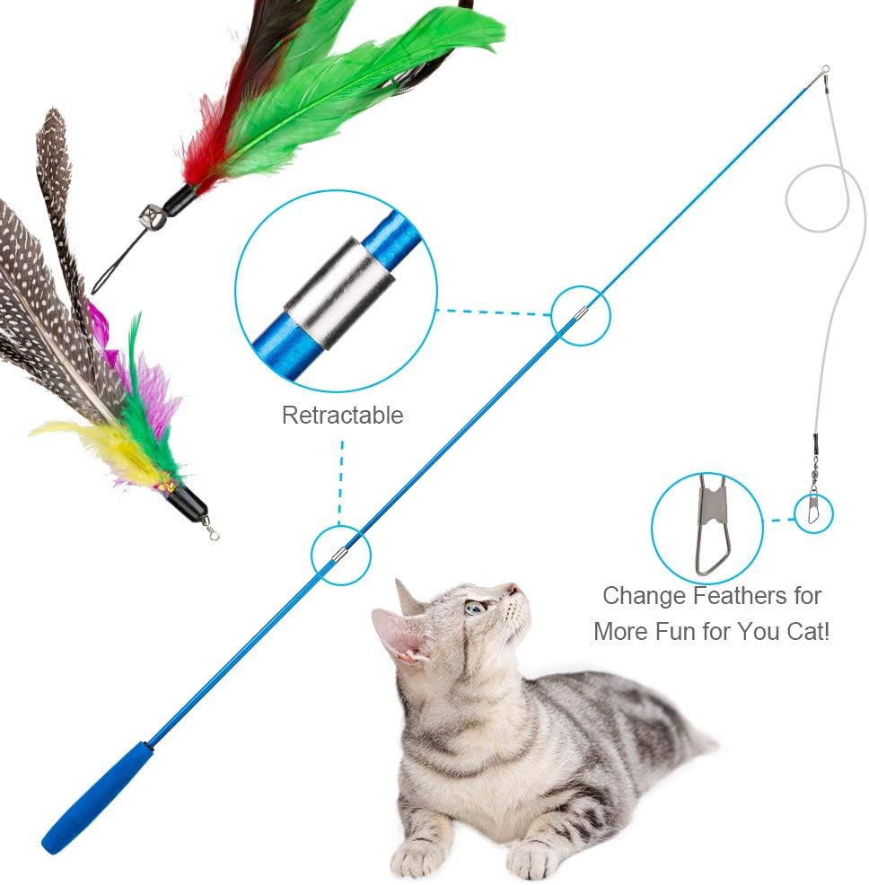 JIARON Cat Toys Interactive Feather Toy, 2PCS Retractable Wand and 10PCS Replacement Teaser with Bell Refills, Interactive Catcher and Funny Exercise for Kitten.
