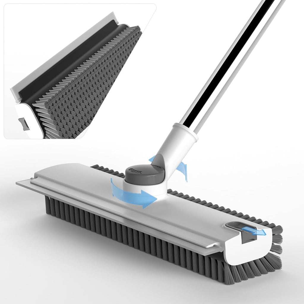 Floor Scrub Brush with Long Handle, 3 in 1 Scrape and Heavy-Duty Stiff Bristle Floor Scrubber Brush Broom with Squeegee and Tweezer for Cleaning Grey