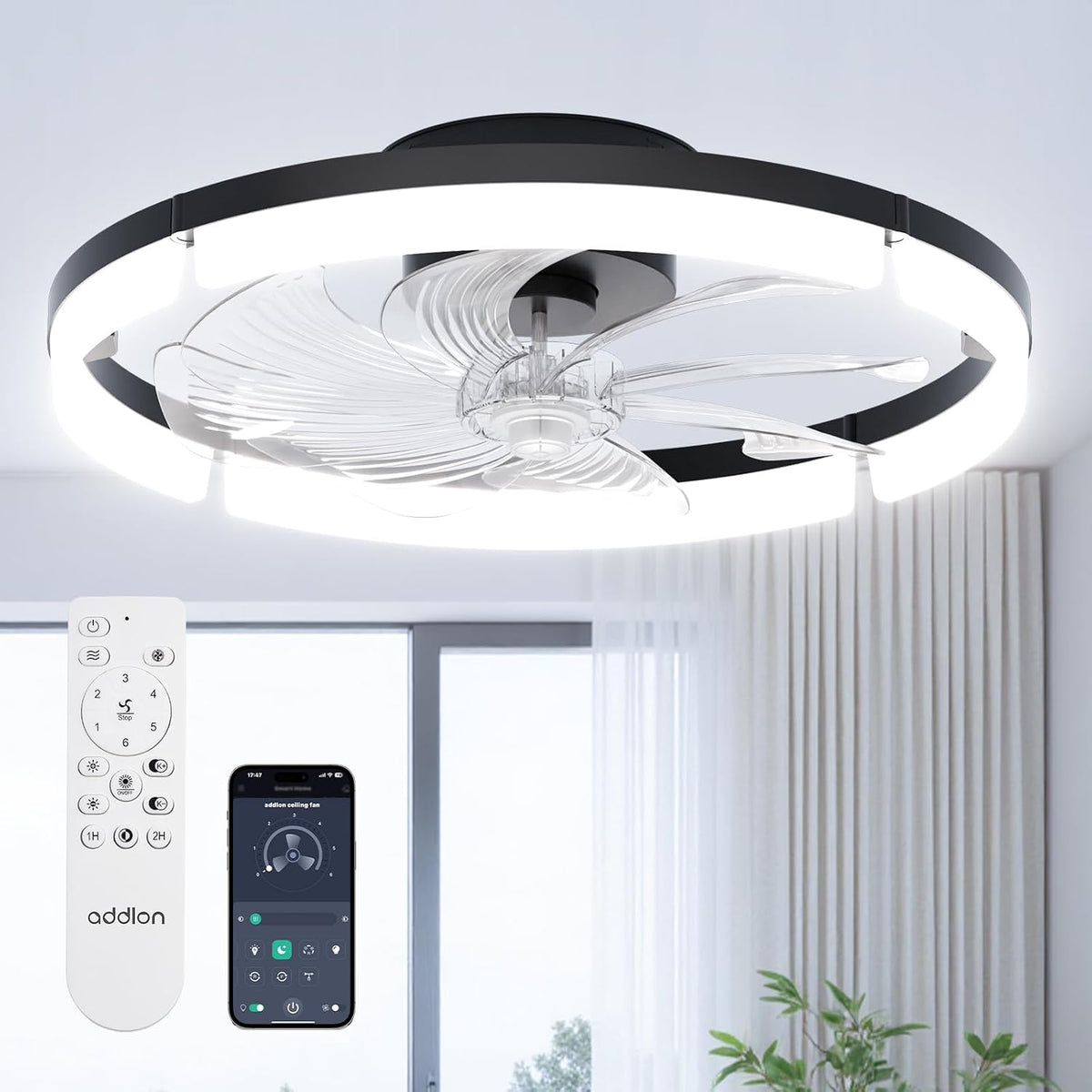 addlon 24" Low Profile Fandelier Ceiling Fans with Lights and Remote, Black