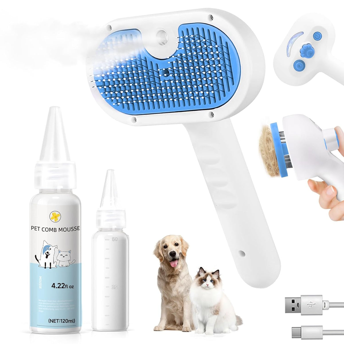 Pet Steam Brush for Dogs & Cats, 3-in-1 Shedding Grooming Tool