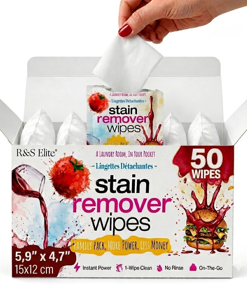 Stain Remover Wipes, 50 Count, Individually Wrapped, Instant Stain Removal