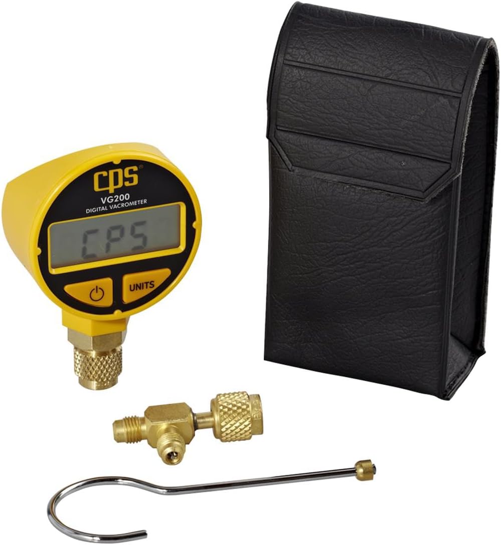 CPS VG200 Digital Vacrometer Vacuum Gauge, Measures Microns, Millibar, TORR, Inches/HG, Two Button Operation, Automatic Temperature Compensation, 5-digit LCD Display, Padded Case, T-Fitting and Hook