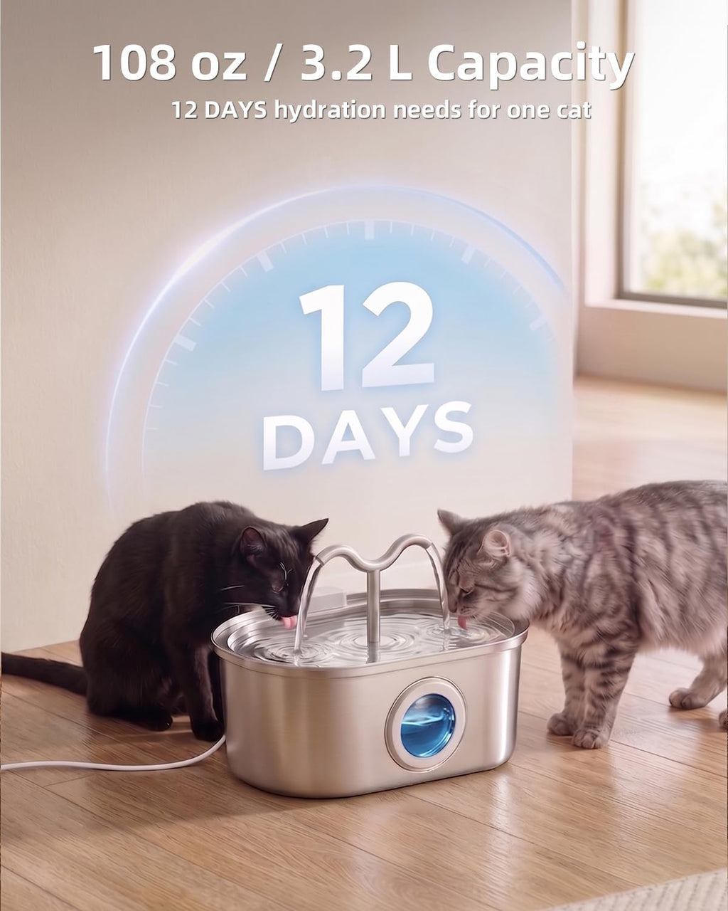 3.2L/108oz Stainless Steel Cat Water Fountain Pet Fountain