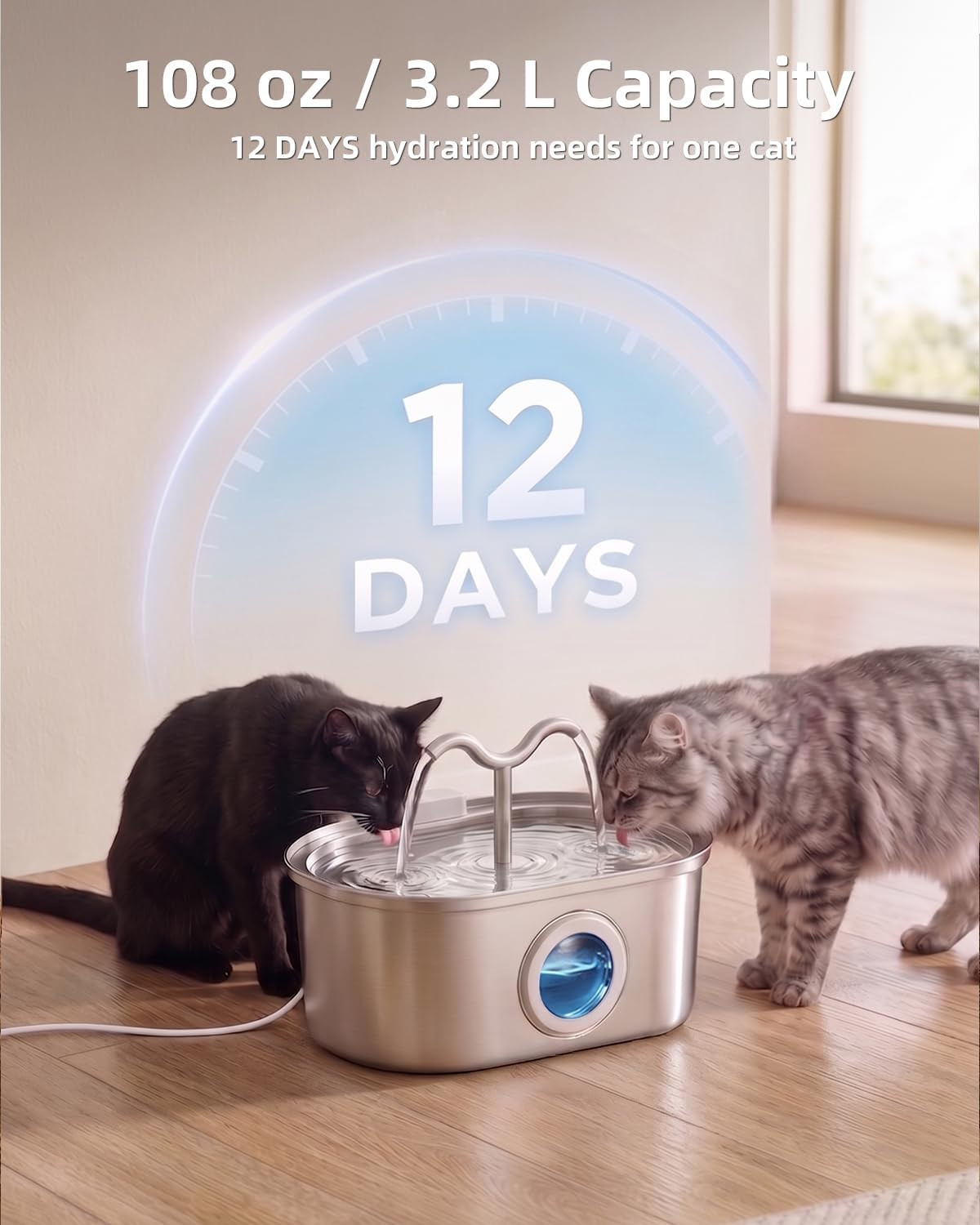 3.2L/108oz Stainless Steel Cat Water Fountain Pet Fountain