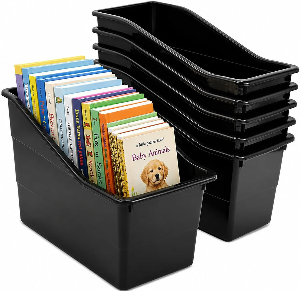 4E's Novelty 6 Durable Book and Binder Holder, Files Book Bins for Classroom, Plastic Vertical Storage Book Organizer Folder Office Classroom Organization Containers Supplies (With Labels)