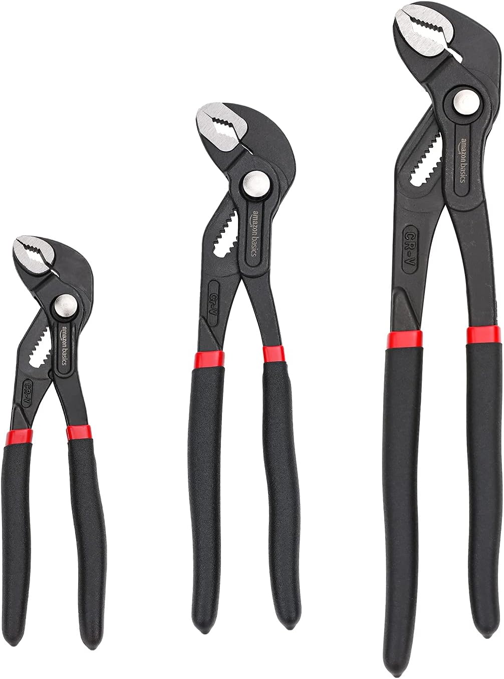 Amazon Basics 3-Piece Quick Release Groove Joint Pliers Set, Drop Forged Chrome Vanadium Steel with Comfortable Rubber Grip, Adjustable, 7-inch, 10-inch, and 12-inch, Black