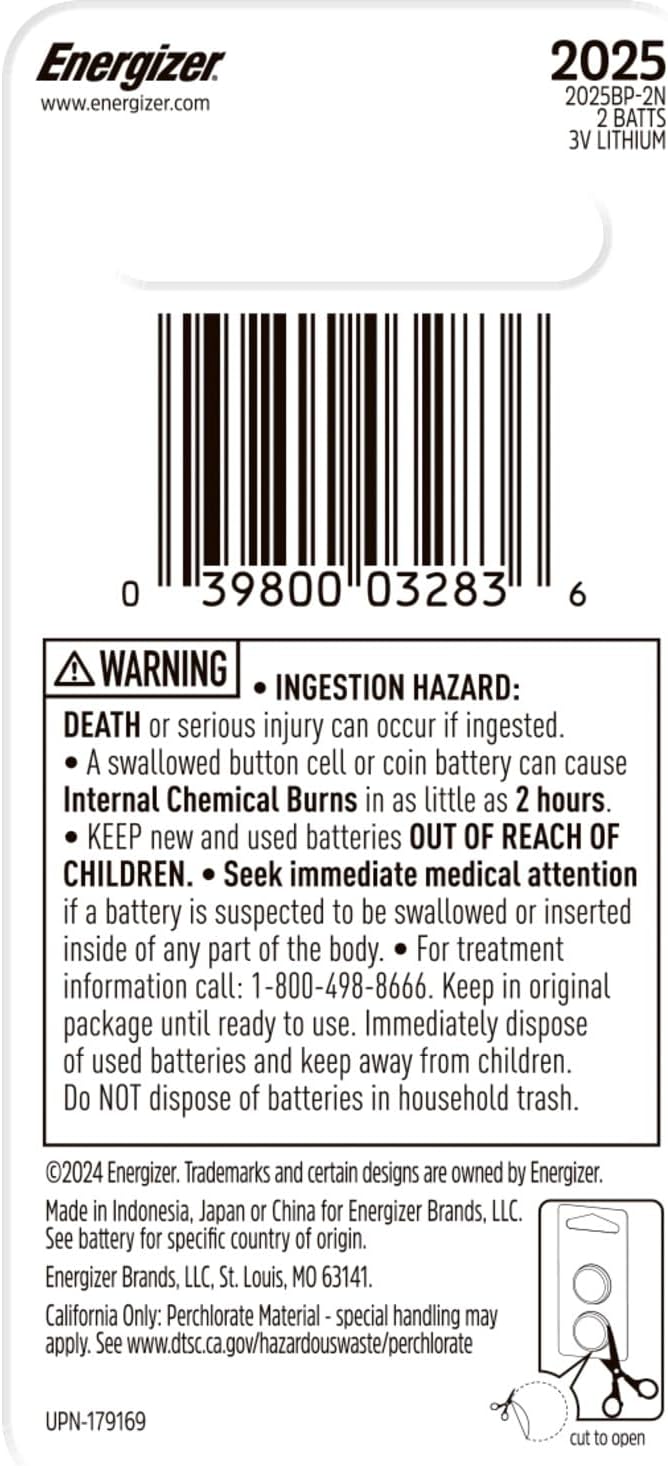 Energizer 2025 Batteries (2 Pack), 3V Lithium Coin Batteries With 3-in-1 Child Shield