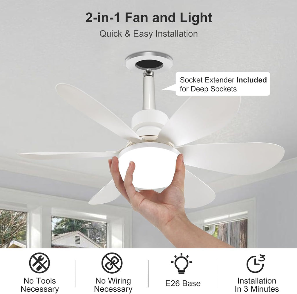 20.5"Socket Fan Light with Remote,E26 Base 40W/3000-6000K Dimming