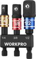 WORKPRO Impact Grade Socket Adapter Set, 1/4", 3/8", & 1/2" Drive, Extension Driver Bit With Holder, for Power Drill to High Torque Impact Wrench, 3PCS