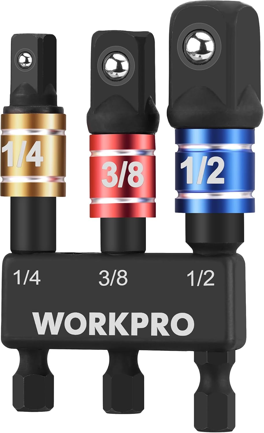 WORKPRO Impact Grade Socket Adapter Set, 1/4", 3/8", & 1/2" Drive, Extension Driver Bit With Holder, for Power Drill to High Torque Impact Wrench, 3PCS