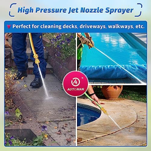 AUTOMAN Brass Hose Nozzle - High Pressure Jet Nozzle 4 Count (2 Set), Heavy Duty Water Hose Sprayer Sweeper with Hose Shutoff Valve, 3/4” GHT Nozzles for Garden Hose, Car Wash, Extra 10 Rubber Washers
