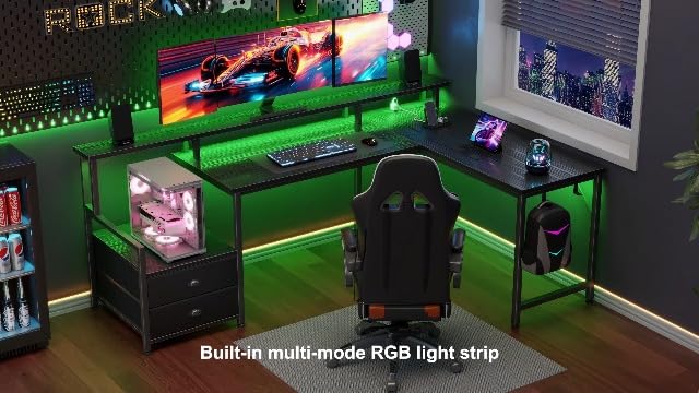 Korfile 66'' L Shaped Gaming Desk with Storage Drawers, Power Outlets, LED