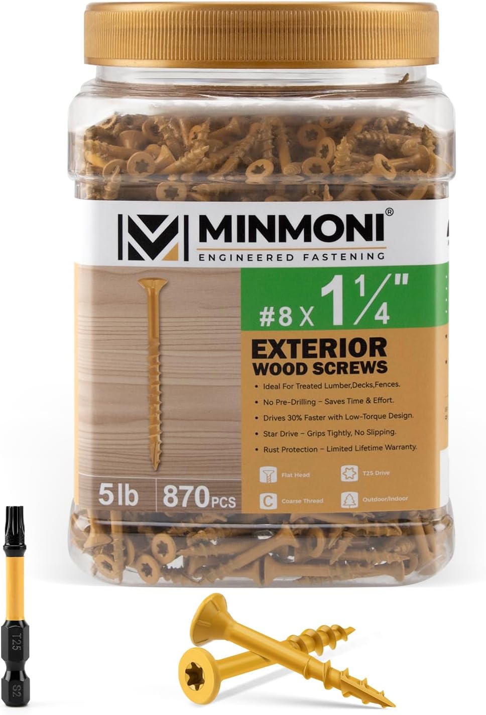 #10 x 3'' Wood Deck Screws 310pcs (5lb Box), Torx Flat-Head Exterior Screws, Multiple Size Available, Tan, T25 Star Bit Included