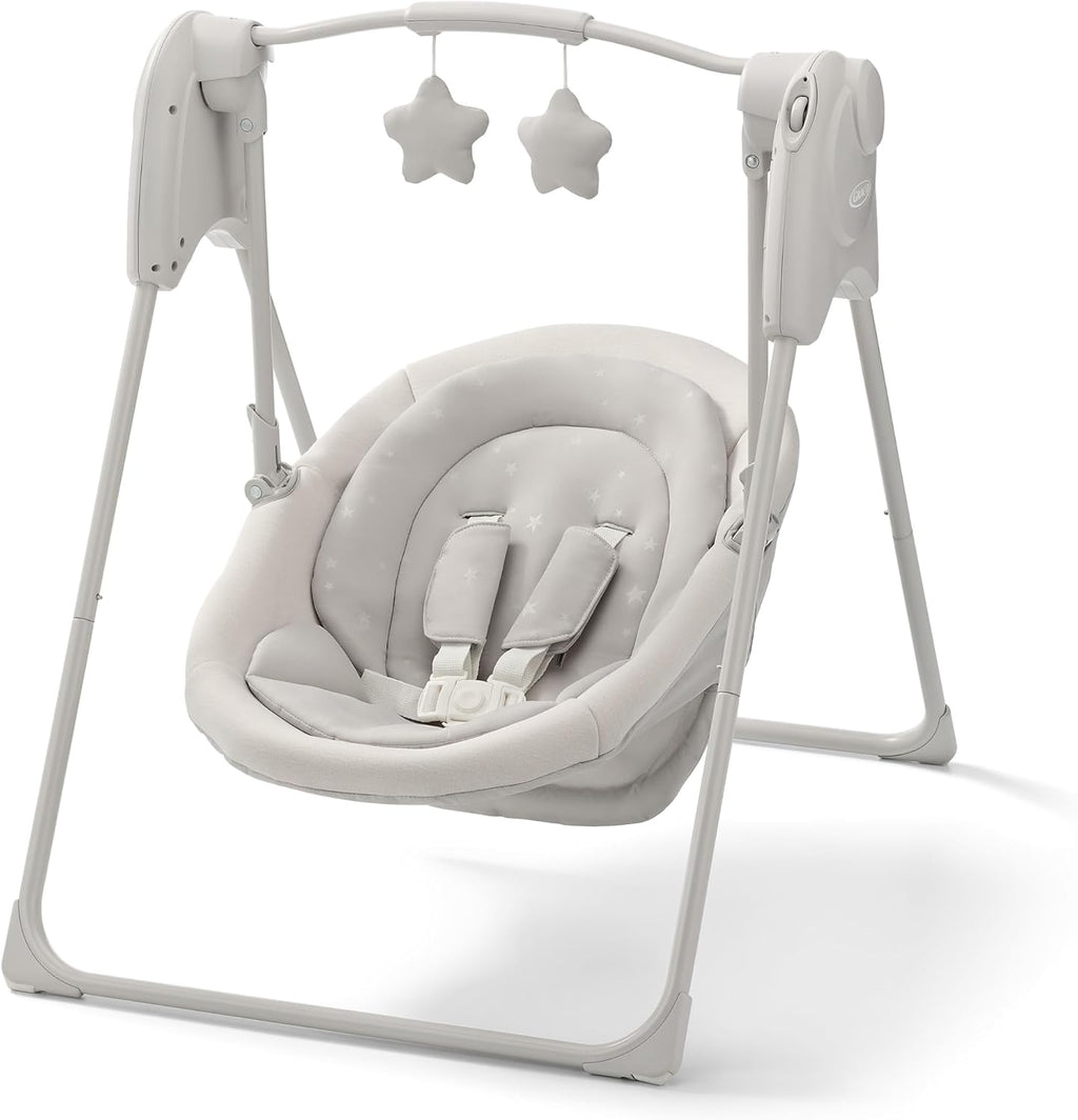 Graco Slim Spaces Compact Baby Swing, Space Saving Portable Bay Swing with Height Adjustable Legs & Soft Toys, Reign