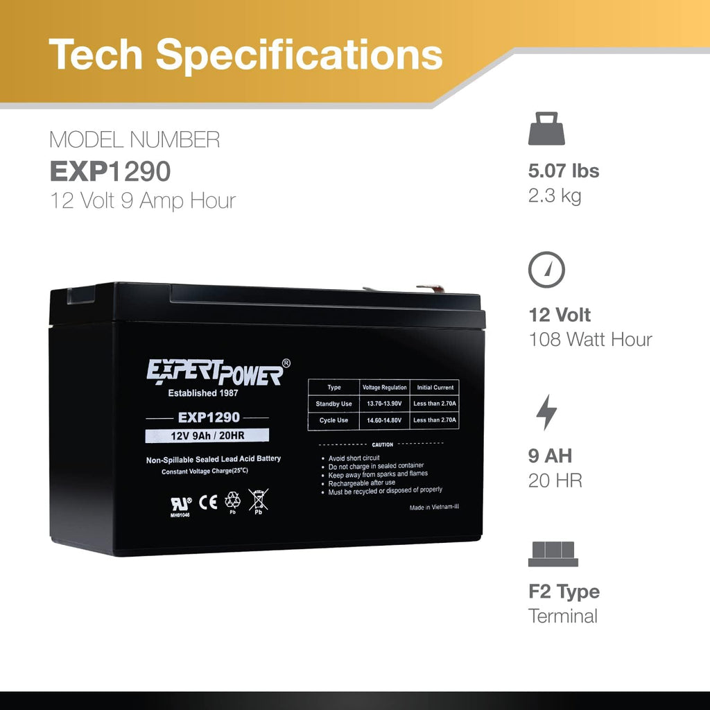 ExpertPower EXP1290, 2 Pack 12V 9AH SLA AGM Rechargeable 12V Battery Backup